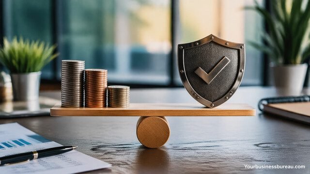 Cost control and business resilience concept with coins and shield balance