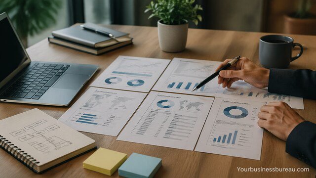 Business resilience audit analysis with charts and reports on desk