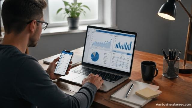 Account monitoring on laptop and smartphone for financial management
