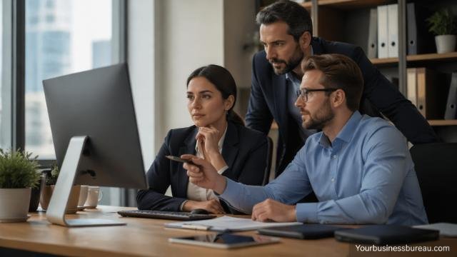 Business professionals analyzing account monitoring data on a computer screen