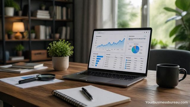 Keyword research workspace with SEO analytics on laptop