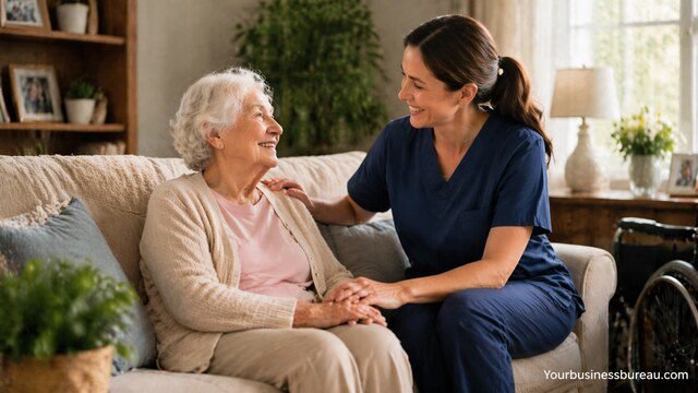 Caregiver helping elderly woman at home