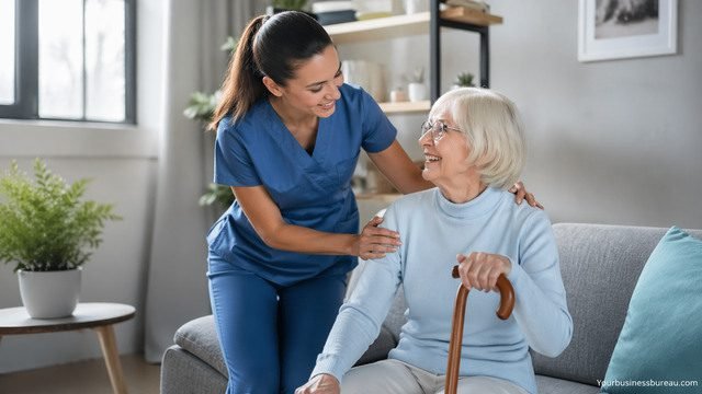 Caregiver helping elderly woman at home with warm support