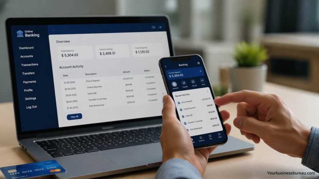 Monitoring bank account on mobile and laptop