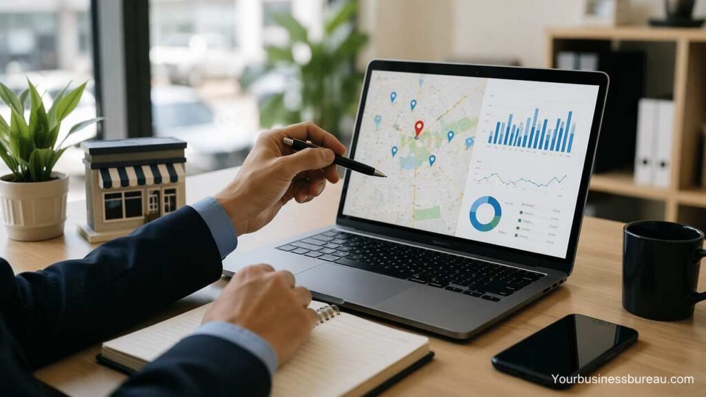 Small business owner analyzing local SEO data on laptop