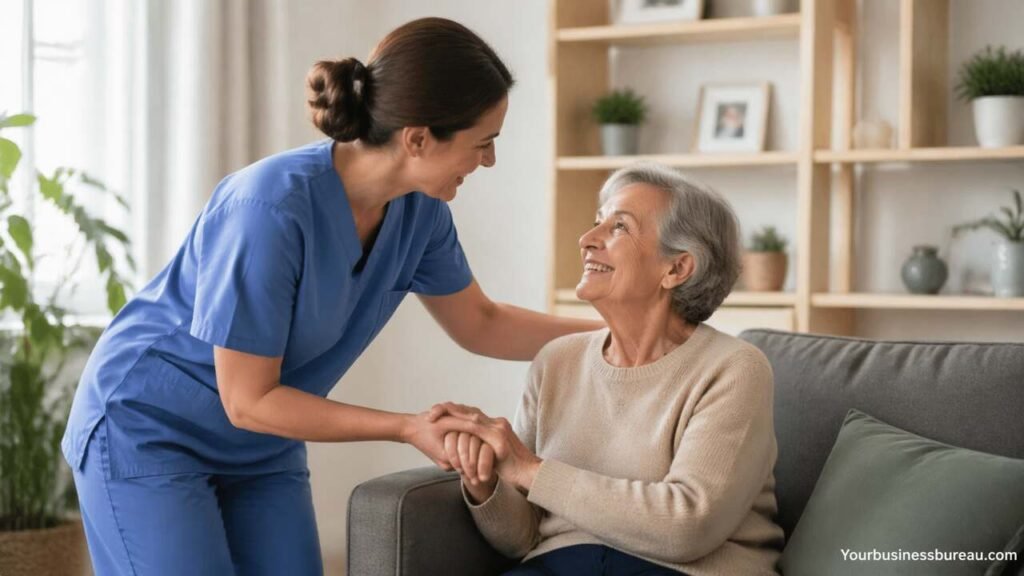Caregiver helping elderly woman at home