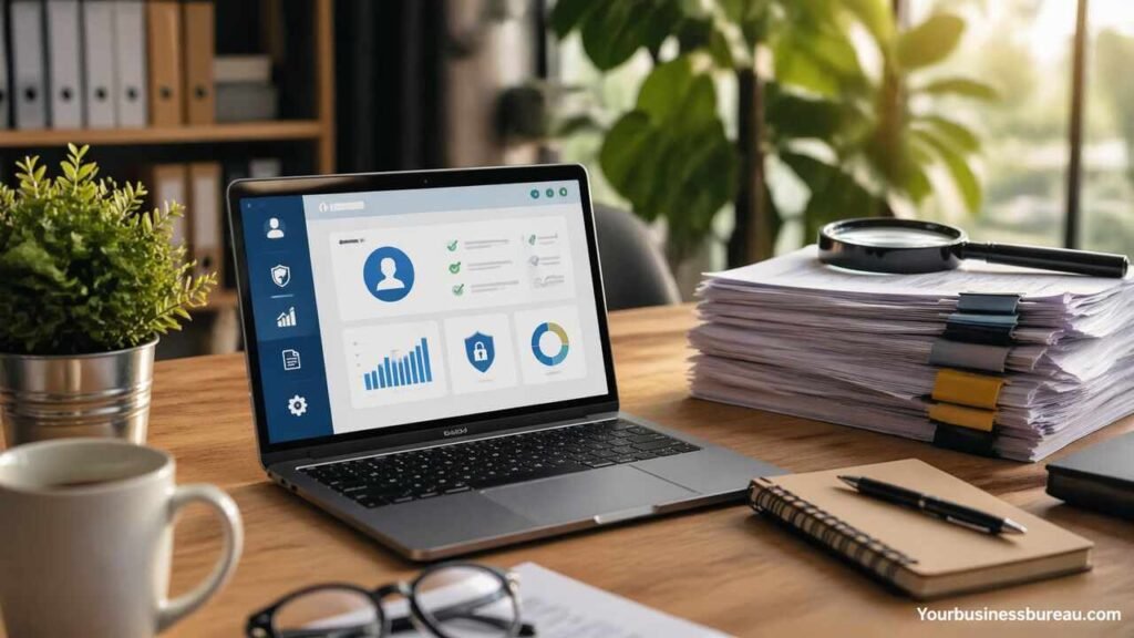Search integration dashboard on laptop with documents and workspace setup