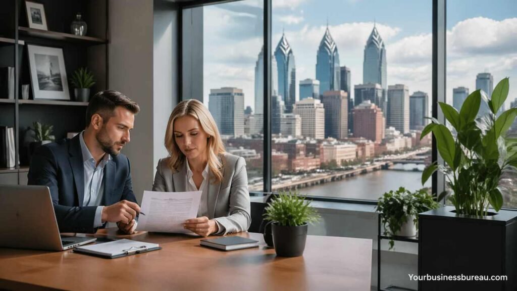 Business insurance meeting in Philadelphia office