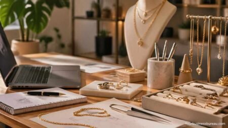 Jewelry business startup workspace with tools and designs