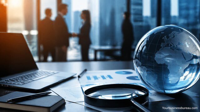 Corporate desk with globe and documents representing data search integration