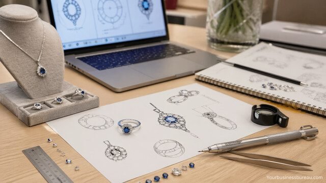 Jewelry design workspace with sketches and gemstones