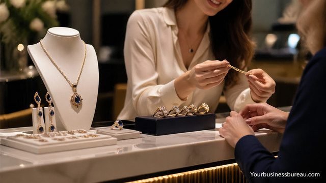 Luxury jewelry display with salesperson assisting customer