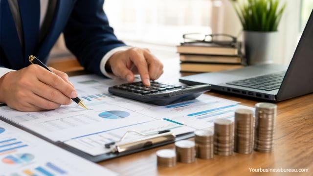 financial accounting services workspace with charts and calculator