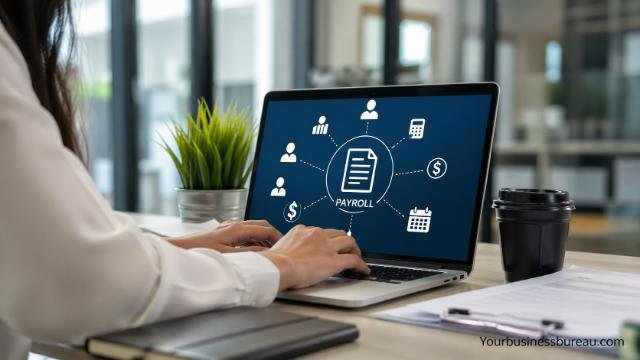 Payroll services system on laptop managing employee data