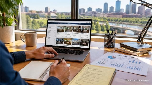 Person analyzing business listings on laptop with financial notes on desk