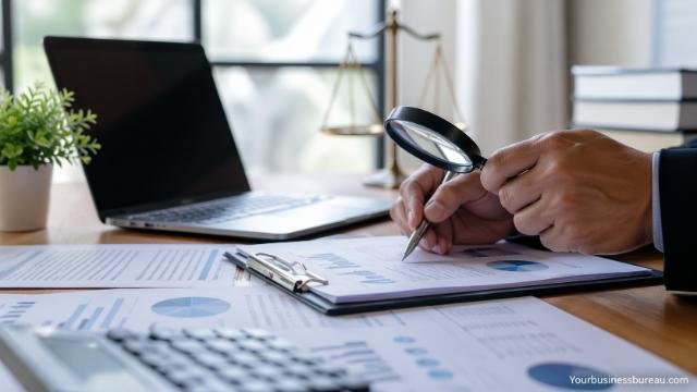 Due diligence investment analysis with documents and magnifying glass