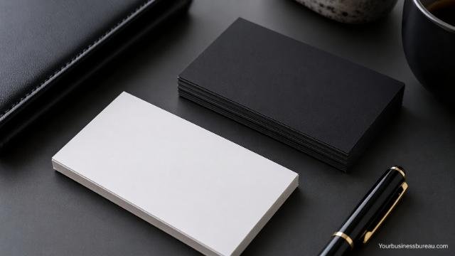 Minimalist black and white business cards on a professional desk setup