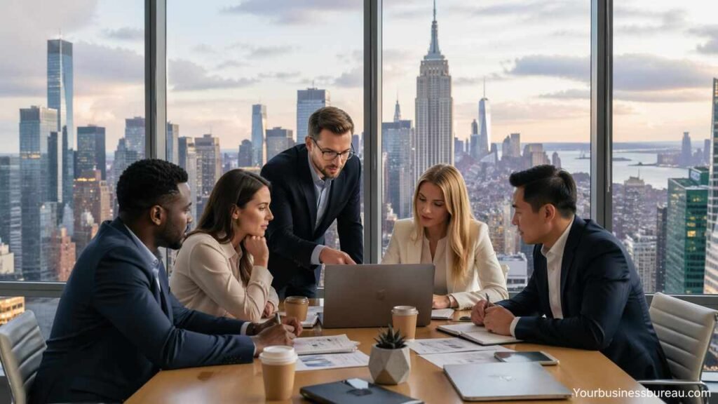 Entrepreneurs discussing business services in New York City office