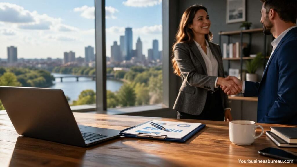 Business deal handshake in office with city view