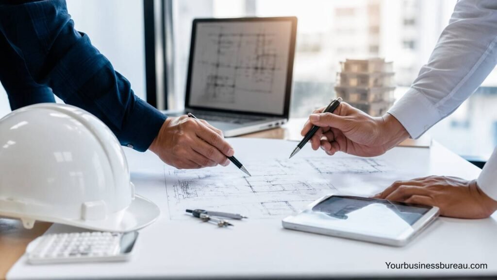Engineering team reviewing blueprints in office