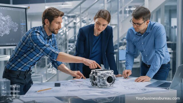 Engineers analyzing complex mechanical design together