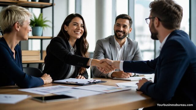 Business professionals shaking hands in procurement meeting