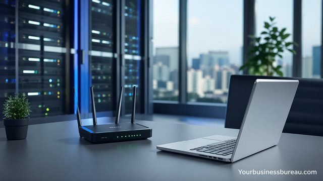 Laptop and router with server rack showing hosting and SEO connection