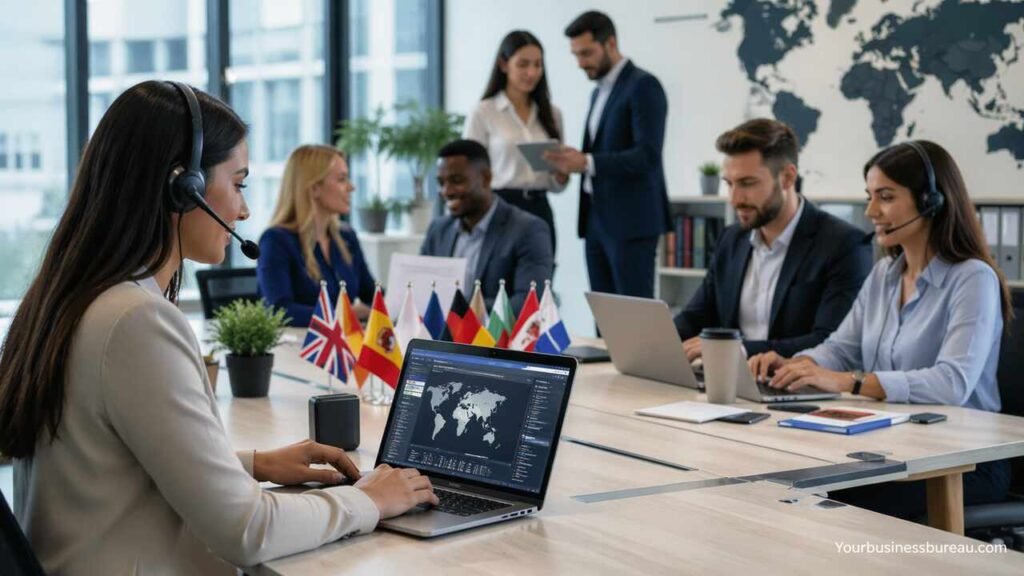 Global business team collaborating on translation services