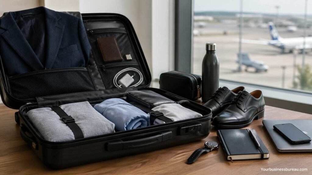 Organized business travel suitcase with essentials