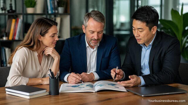 Team discussing translation services over global documents
