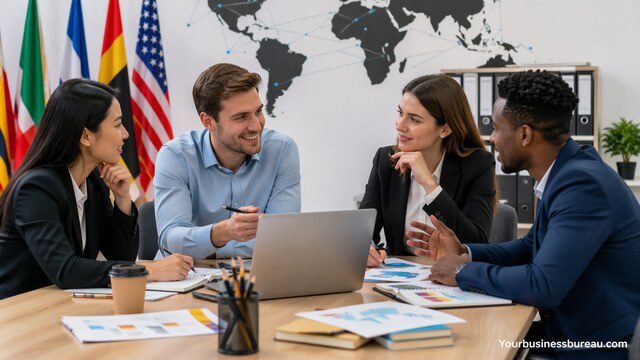 business team discussing global translation services in office