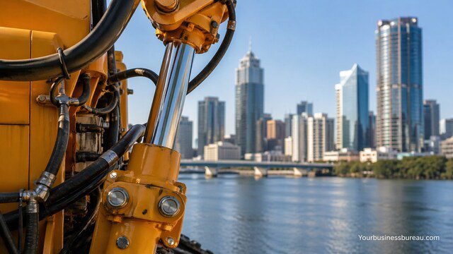 Advanced hydraulic machinery with Brisbane city skyline background