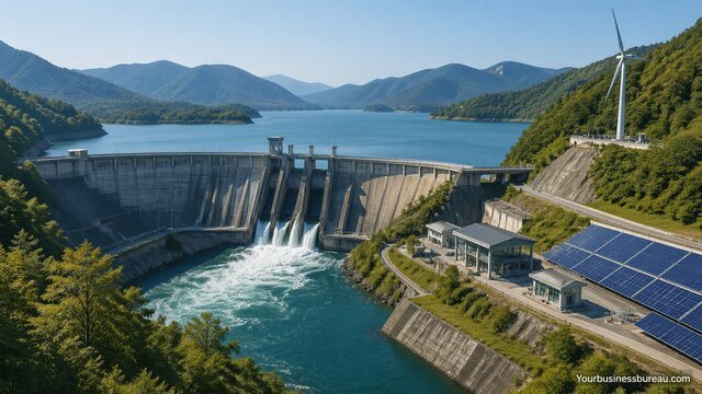 Modern hydraulic dam with renewable energy systems and reservoir