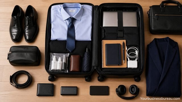 Business travel essentials packed neatly in suitcase