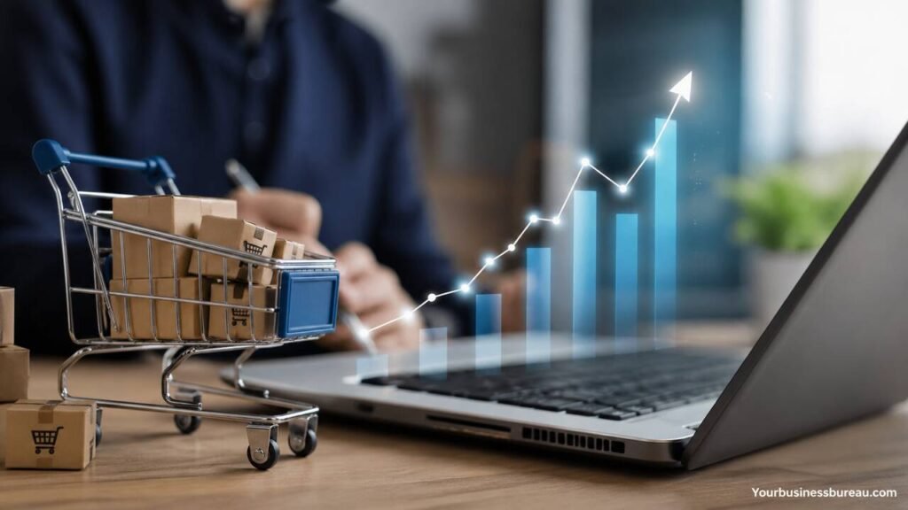 B2B marketplace growth with rising sales chart on laptop