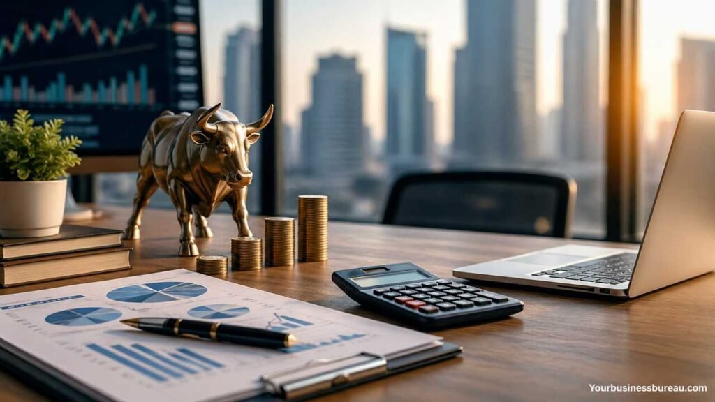 Finance career workspace with charts, laptop, and bull statue