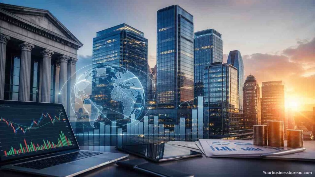 Finance industry concept with banks, fintech, and investment visuals