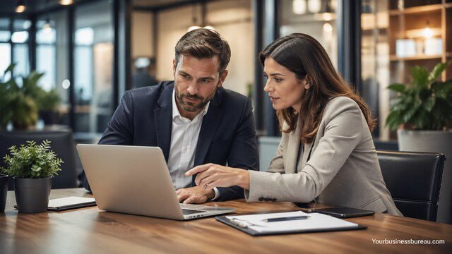 B2B professionals analyzing search intent on laptop