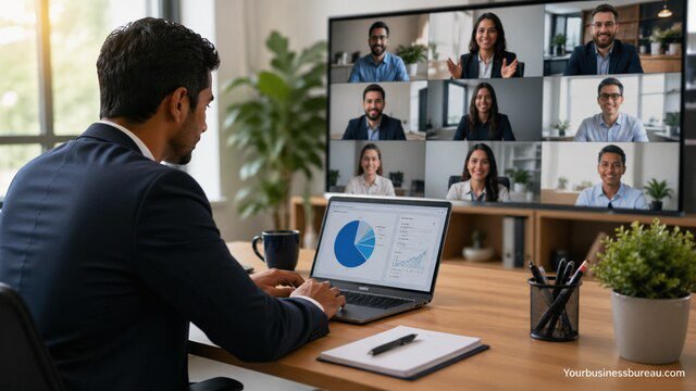 Business professional managing outsourcing team online