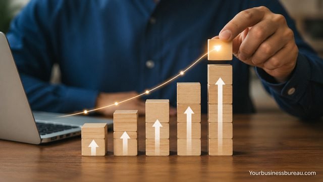 Outsourcing supports business growth with upward trend blocks