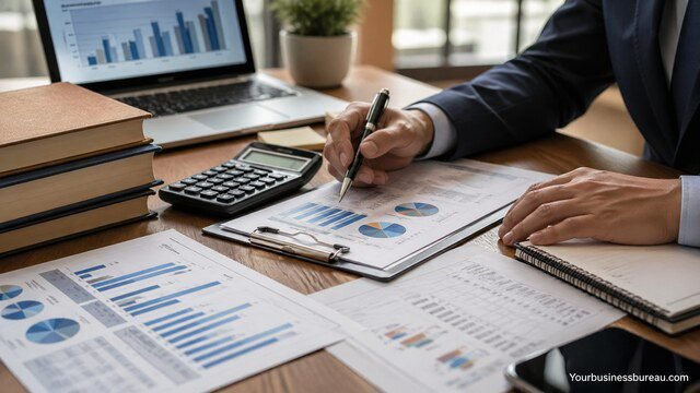 Finance professional analyzing reports and charts on desk