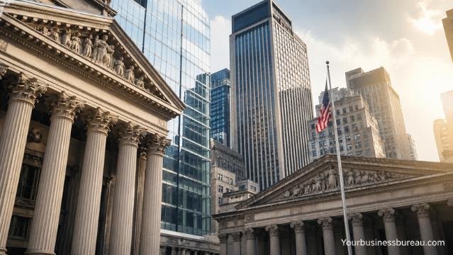 Major banking institutions buildings and financial district skyline