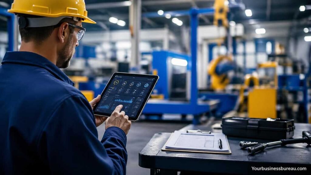 Technician using tablet for maintenance management in industrial facility