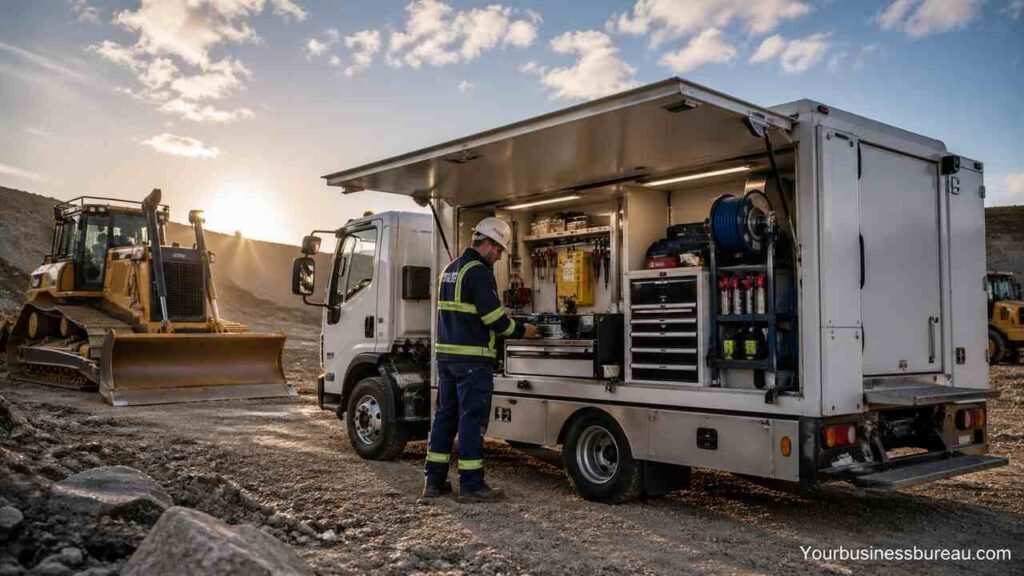 Mobile service unit repairing heavy equipment on construction site
