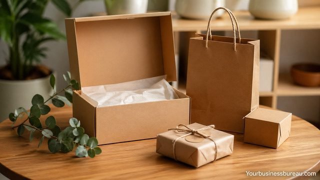 Minimalist eco-friendly packaging boxes and bag on wooden table