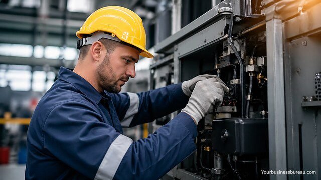 Technician maintaining industrial machinery in factory