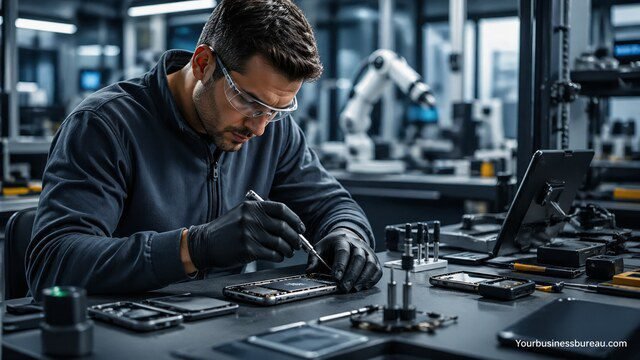 Technician repairing smartphone in futuristic lab