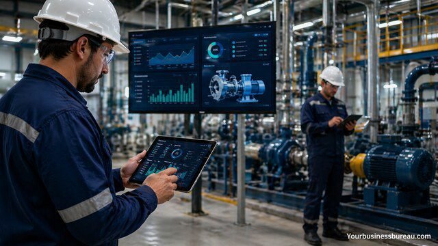 Engineers managing industrial maintenance with digital system