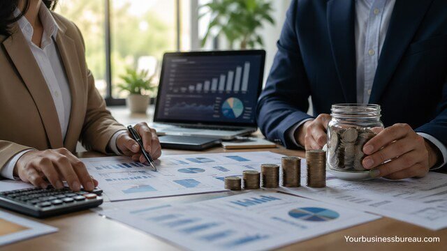 Finance professionals analyzing charts and tracking salary growth