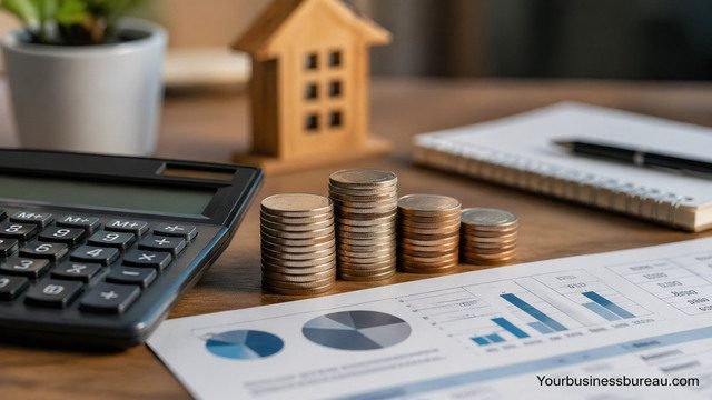 Finance charge components with calculator, coins, and financial charts on desk